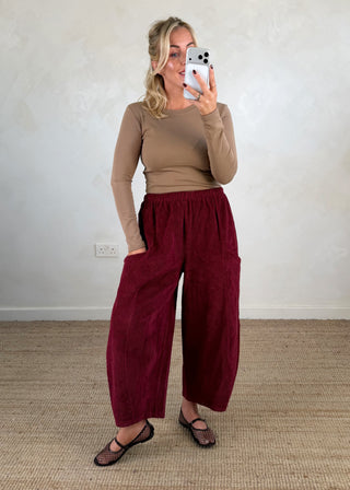 Corduroy Junie barrel leg trouser - Berry-The Style Attic