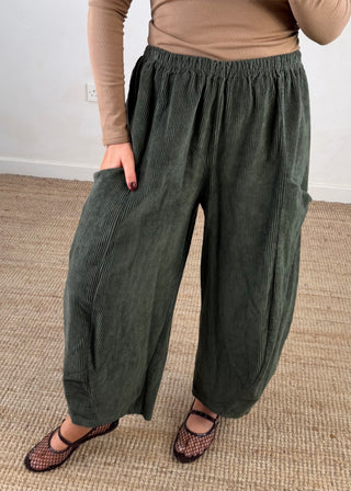Corduroy Junie barrel leg trouser - Khaki-The Style Attic