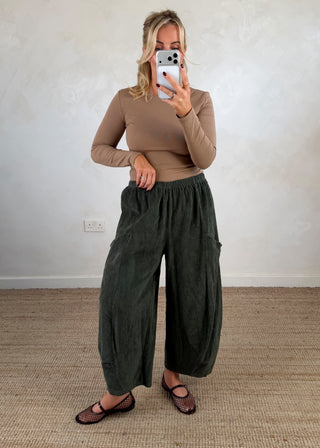 Corduroy Junie barrel leg trouser - Khaki-The Style Attic