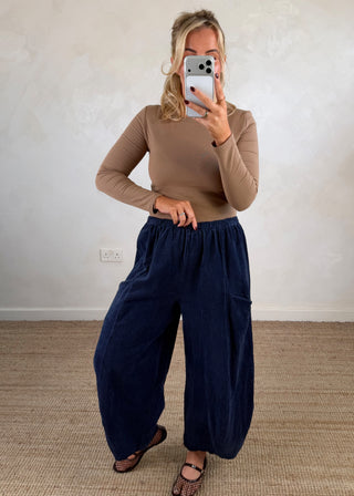 Corduroy Junie barrel leg trouser - Navy-The Style Attic