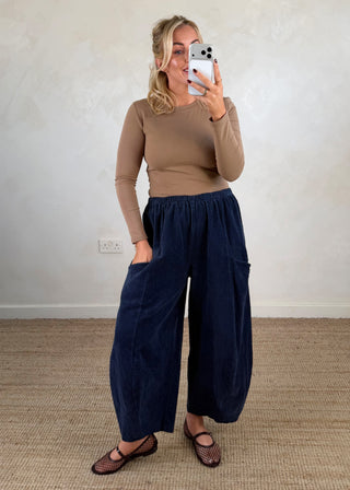 Corduroy Junie barrel leg trouser - Navy-The Style Attic