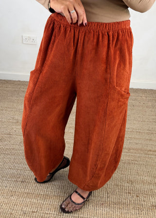 Corduroy Junie barrel leg trouser - Rust-The Style Attic
