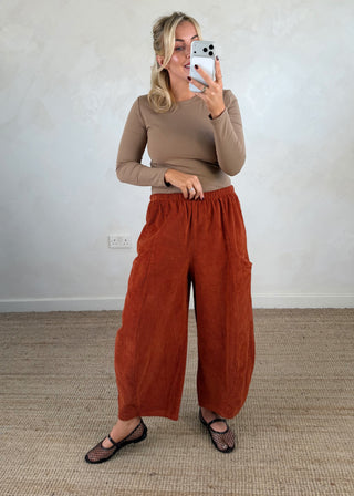 Corduroy Junie barrel leg trouser - Rust-The Style Attic
