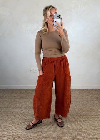 Corduroy Junie barrel leg trouser - Rust-The Style Attic