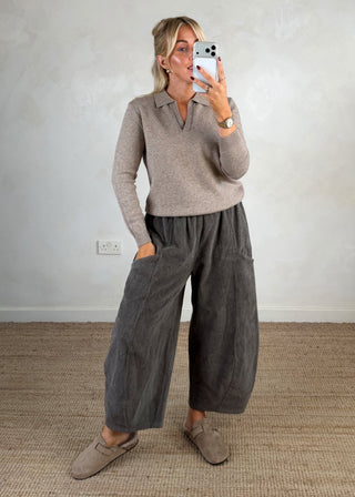 Corduroy Junie barrel leg trouser - Taupe-The Style Attic