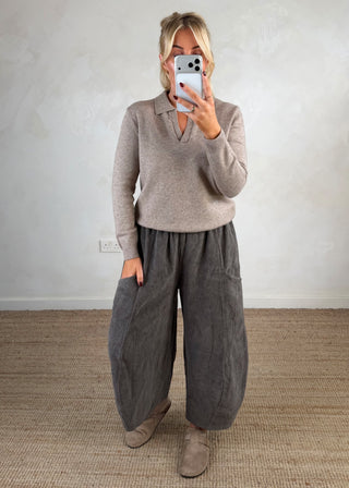 Corduroy Junie barrel leg trouser - Taupe-The Style Attic