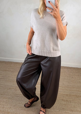 Cuffed leather look trouser - Chocolate-The Style Attic