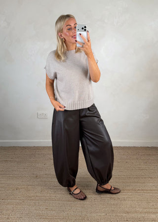 Cuffed leather look trouser - Chocolate-The Style Attic