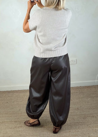 Cuffed leather look trouser - Chocolate-The Style Attic