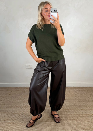 Cuffed leather look trouser - Chocolate-The Style Attic