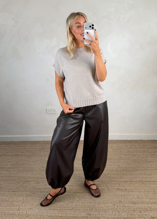 Cuffed leather look trouser - Chocolate-The Style Attic