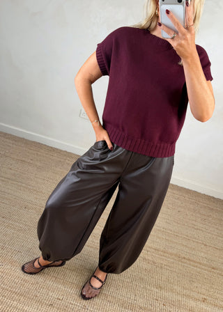 Cuffed leather look trouser - Chocolate-The Style Attic