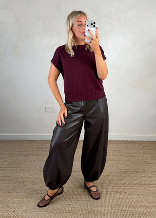 Cuffed leather look trouser - Chocolate-The Style Attic