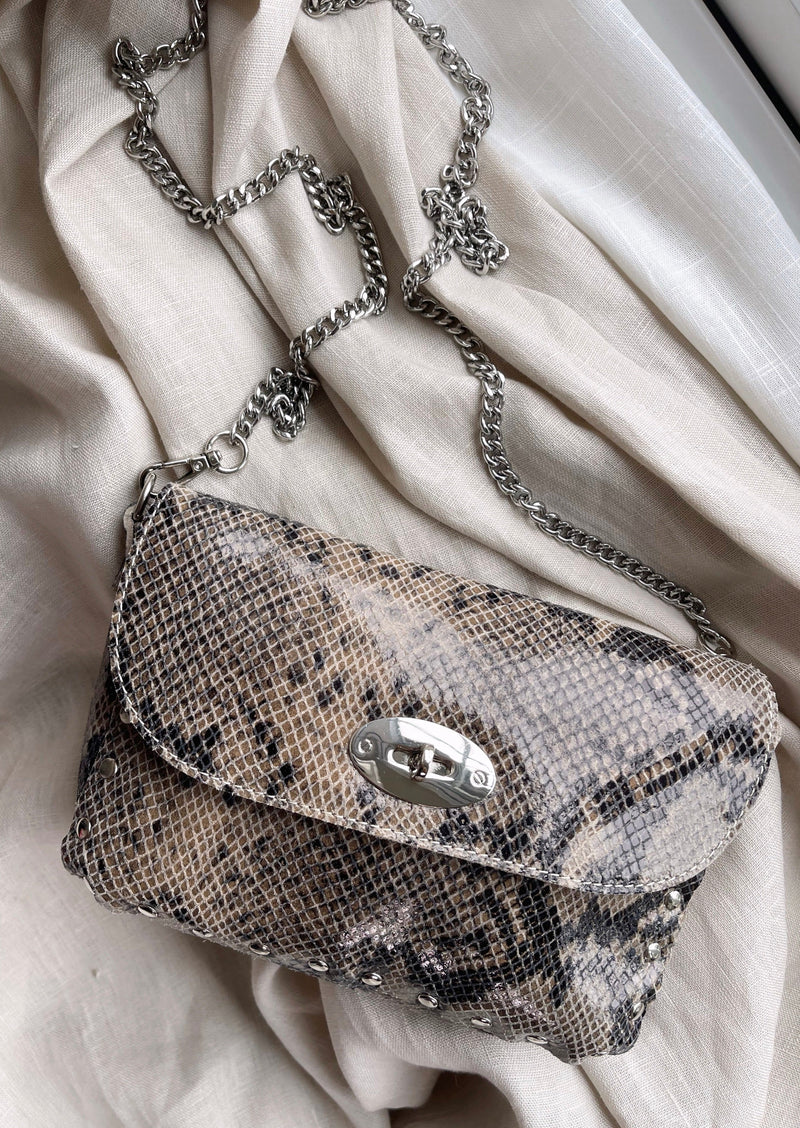 Dahlia studded leather bag - beige snake-The Style Attic