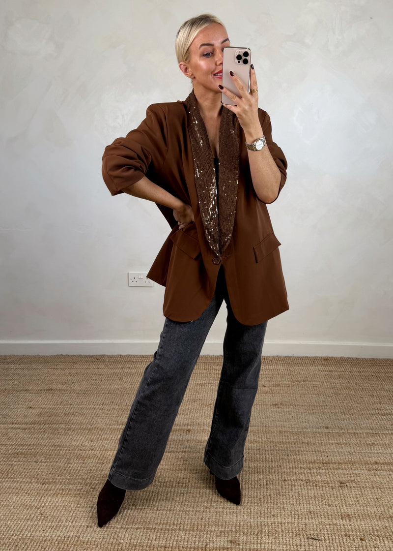 Danni oversized sequin blazer - chocolate-The Style Attic