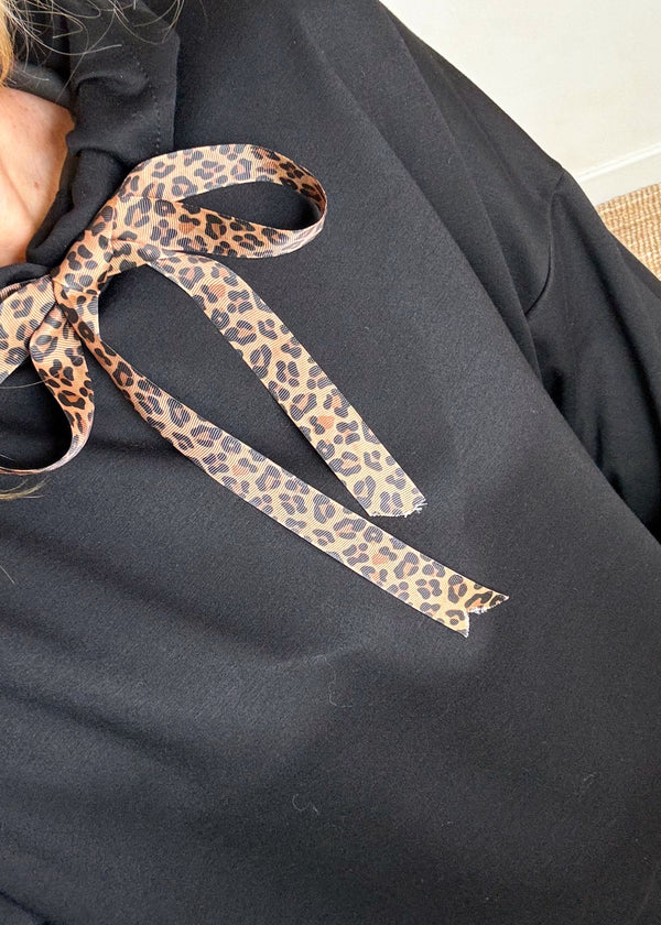 Dina leopard ribbon hoodie - black-The Style Attic