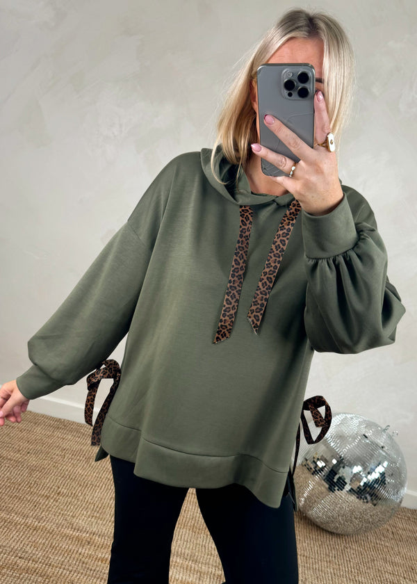 Dina leopard ribbon hoodie - khaki-The Style Attic