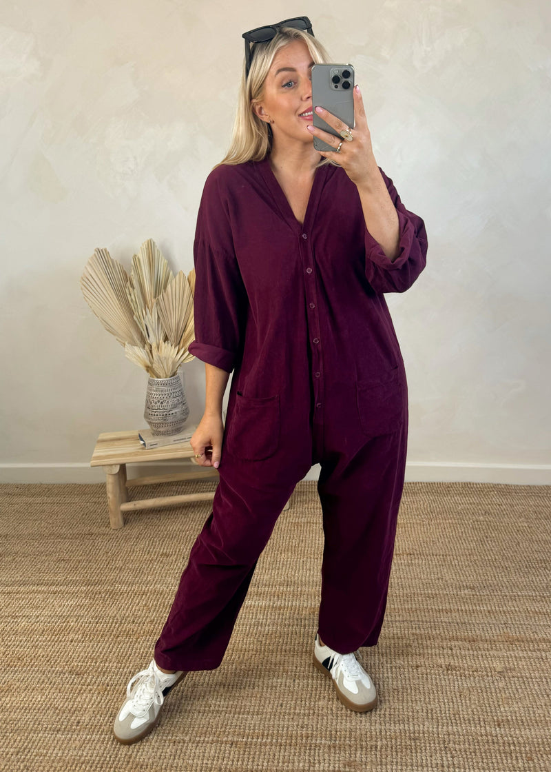 Drew corduroy jumpsuit - Merlot-The Style Attic