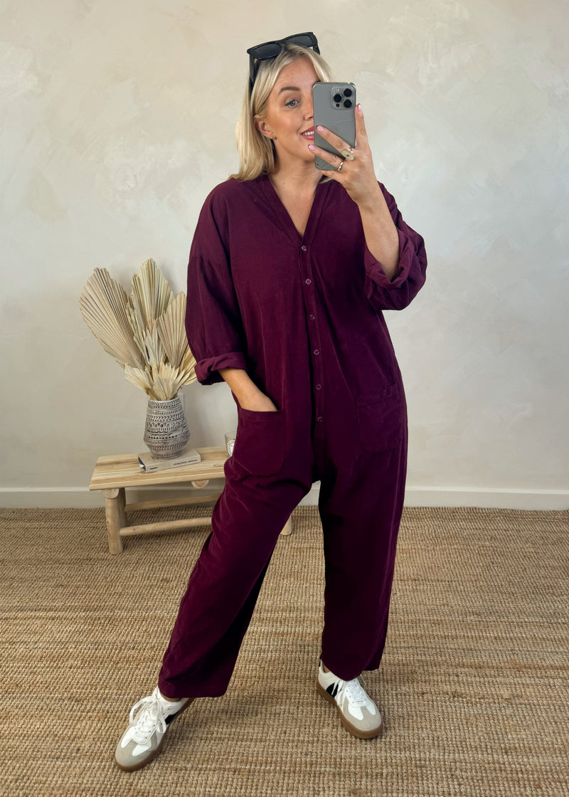 Drew corduroy jumpsuit - Merlot-The Style Attic