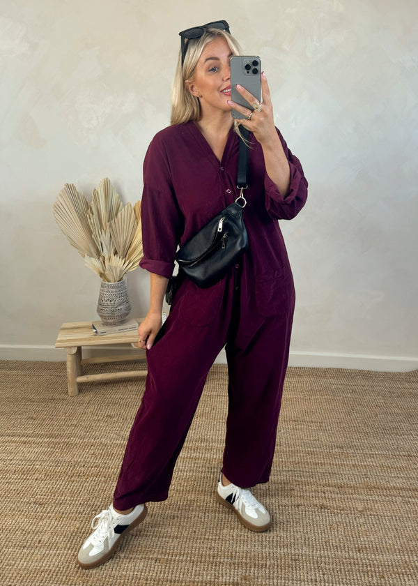 Drew corduroy jumpsuit - Merlot-The Style Attic