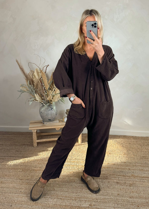 Drew corduroy jumpsuit - chocolate-The Style Attic