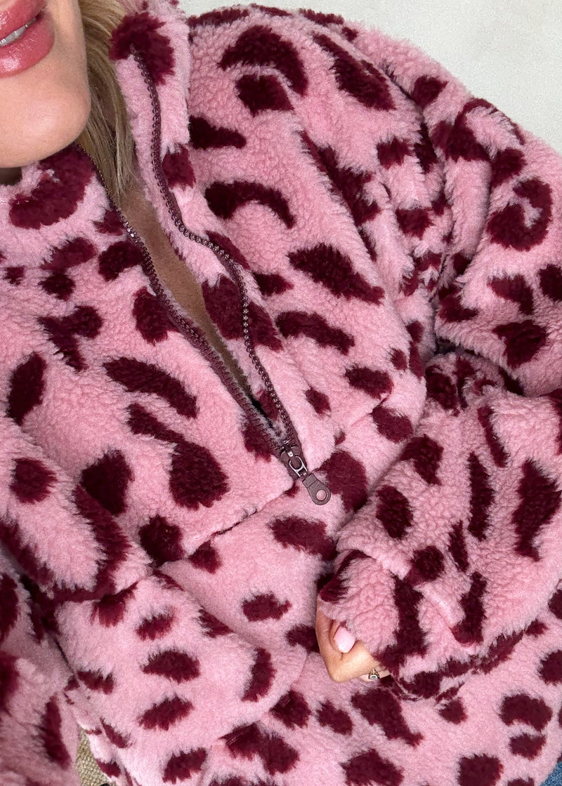 Edie Zip through fleece - pink/merlot animal-The Style Attic