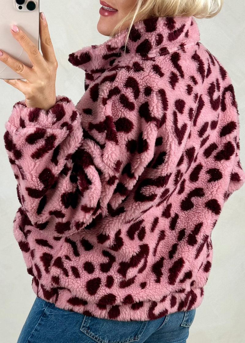 Edie Zip through fleece - pink/merlot animal-The Style Attic