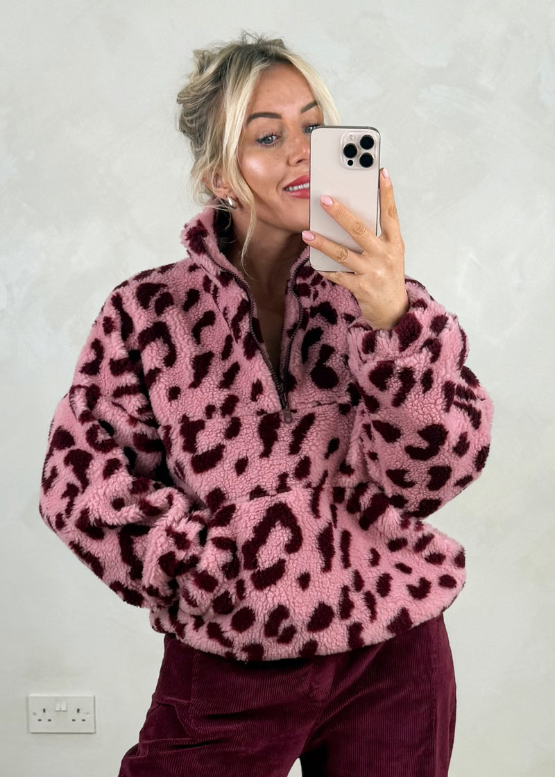 Edie Zip through fleece - pink/merlot animal-The Style Attic