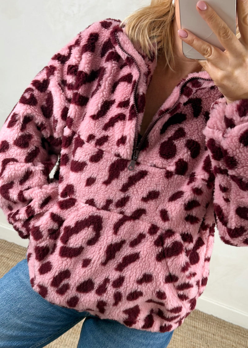 Edie Zip through fleece - pink/merlot animal-The Style Attic