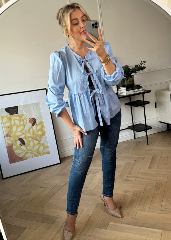 Edie bow front shirt - cornflower blue-The Style Attic