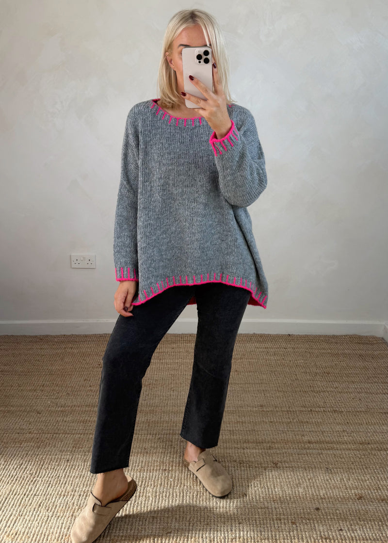 Elle contrast stitch knit - grey/pink-The Style Attic