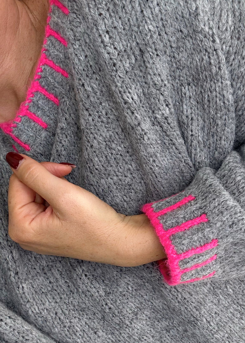 Elle contrast stitch knit - grey/pink-The Style Attic