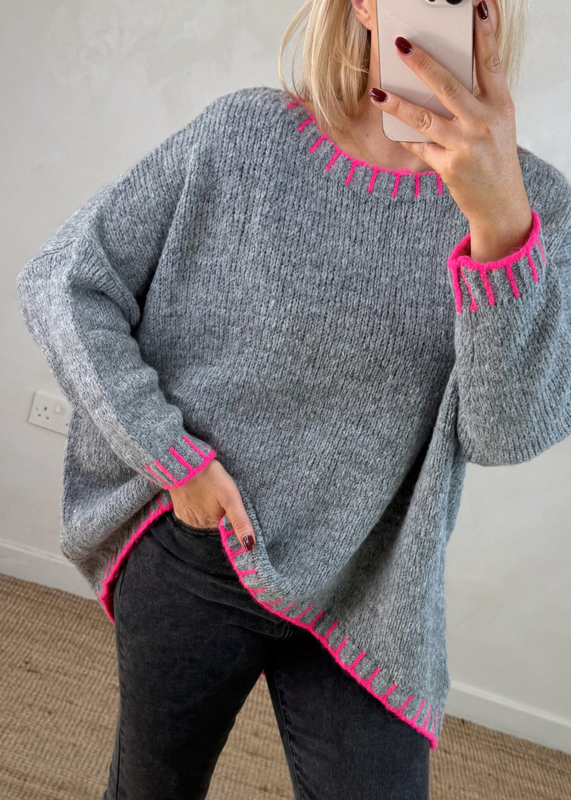 Elle contrast stitch knit - grey/pink-The Style Attic