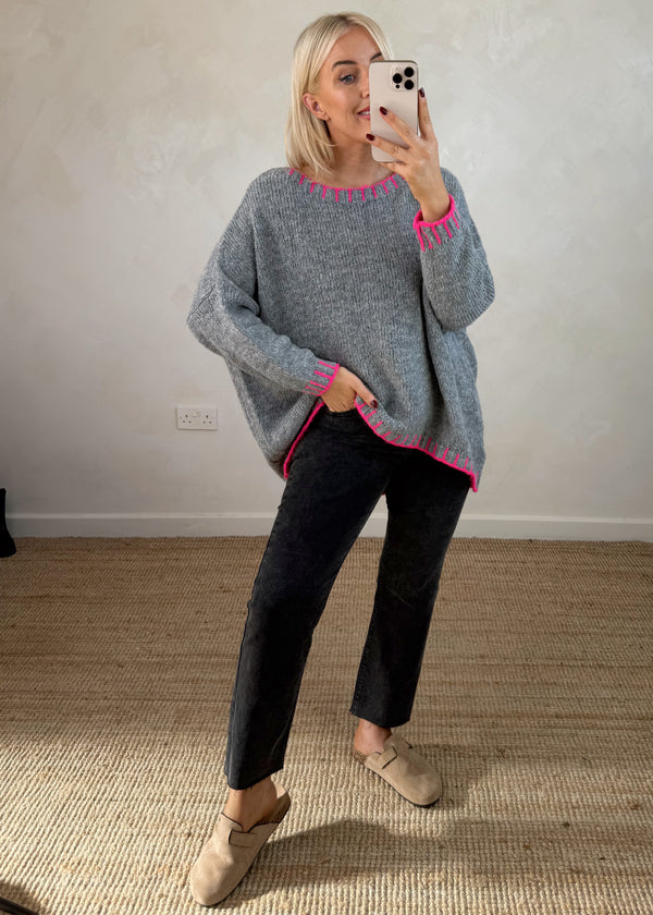 Elle contrast stitch knit - grey/pink-The Style Attic