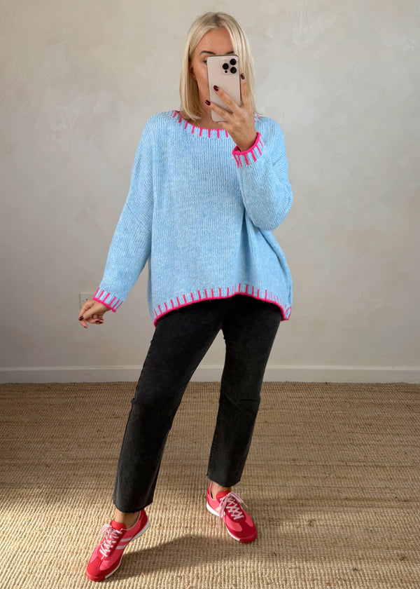 Elle contrast stitch knit - sky blue/pink-The Style Attic