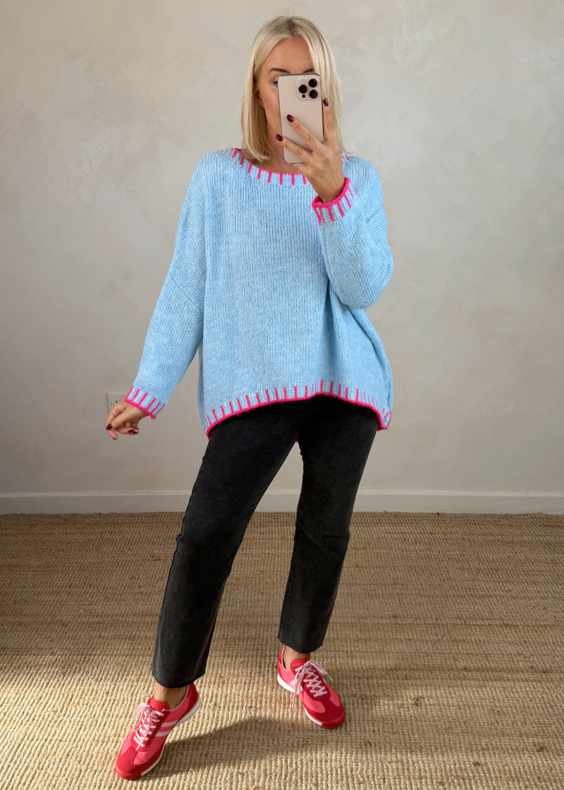 Elle contrast stitch knit - sky blue/pink-The Style Attic