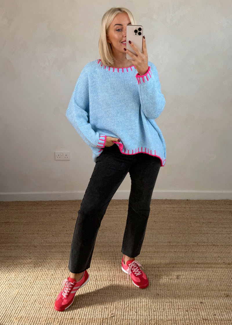 Elle contrast stitch knit - sky blue/pink-The Style Attic
