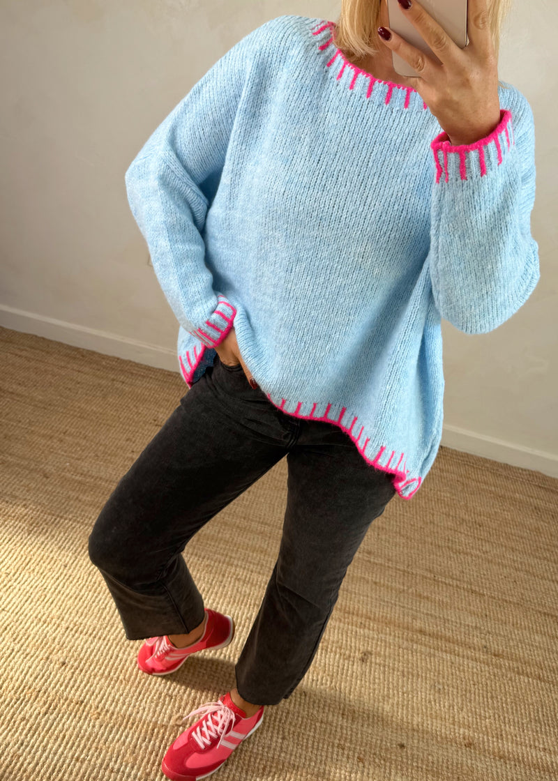 Elle contrast stitch knit - sky blue/pink-The Style Attic
