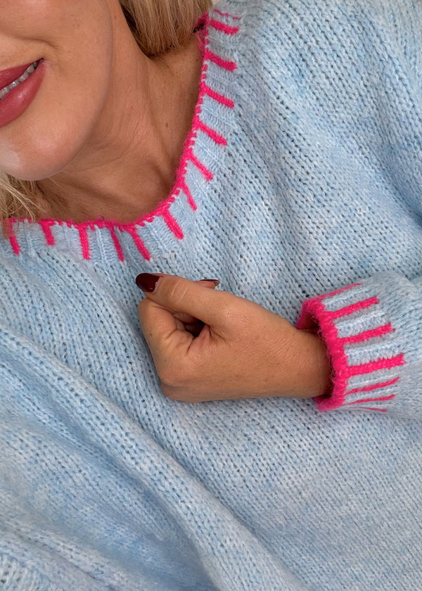 Elle contrast stitch knit - sky blue/pink-The Style Attic