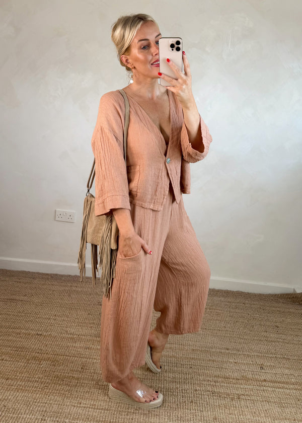 Emme linen blend button top - apricot-The Style Attic