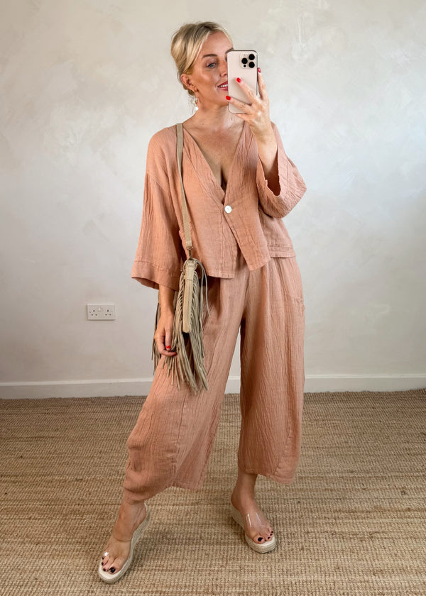 Emme linen blend button top - apricot-The Style Attic