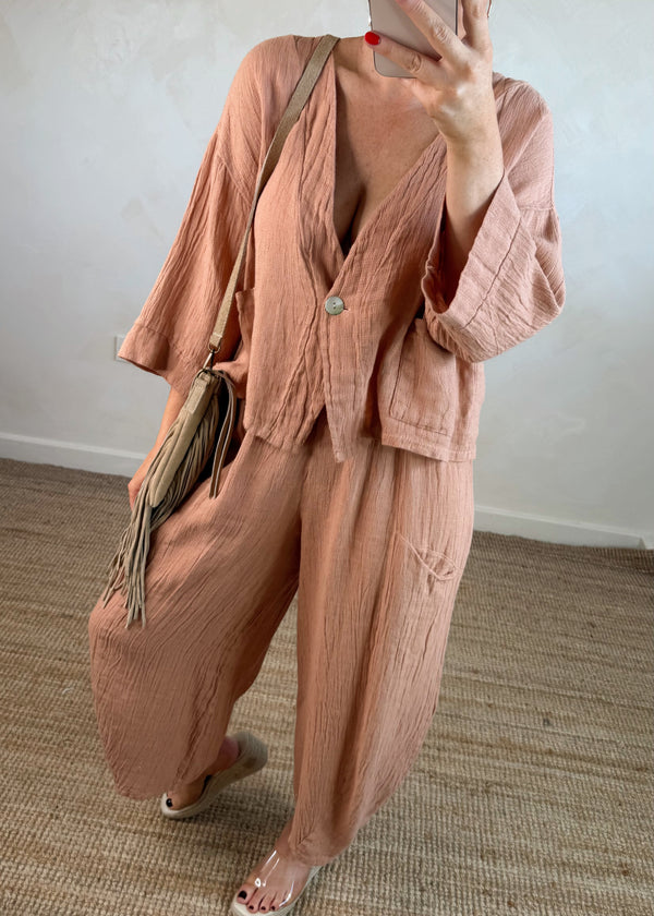 Emme linen blend button top - apricot-The Style Attic