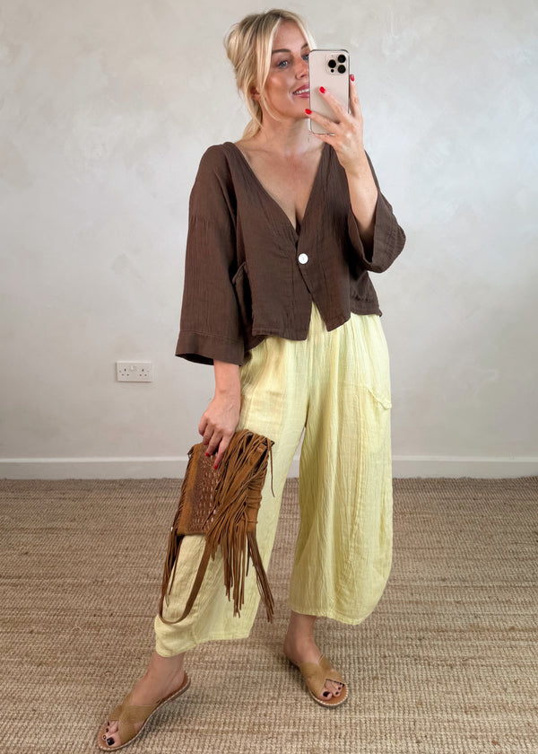 Emme linen blend button top - chocolate-The Style Attic