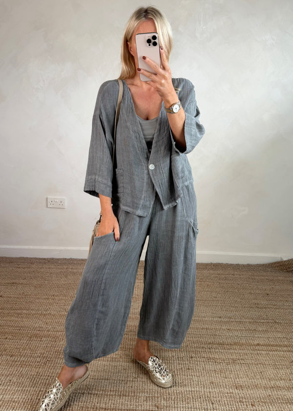 Emme linen blend button top - slate-The Style Attic