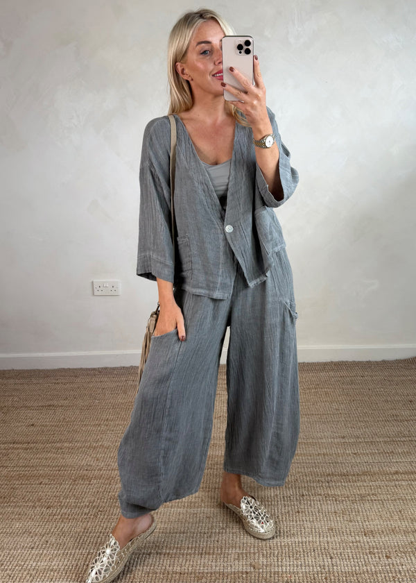 Emme linen blend button top - slate-The Style Attic