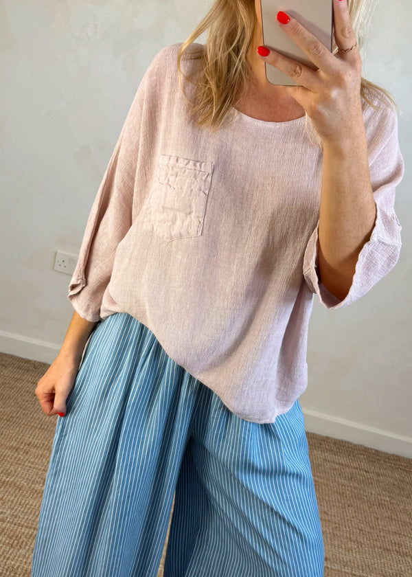 Erin Linen blend pocket tee - blush-The Style Attic