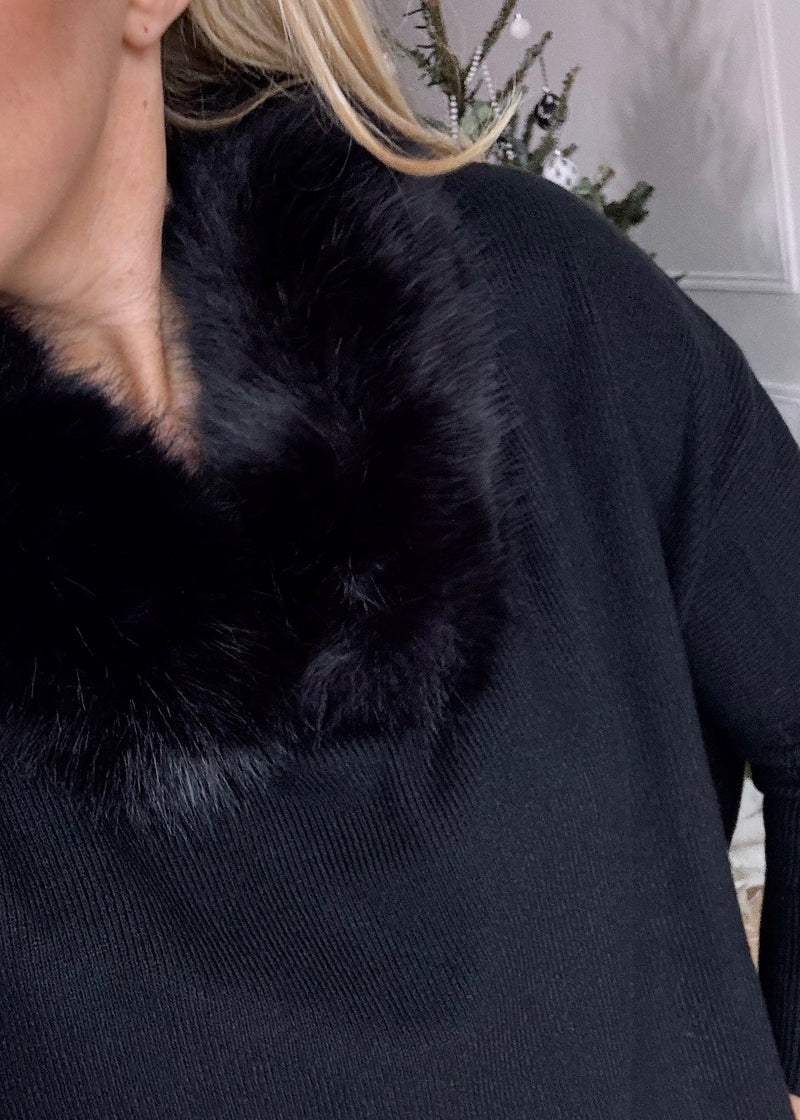 Eva Fur collar knit - Black-The Style Attic