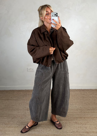 Faux suede bomber jacket - Chocolate-The Style Attic