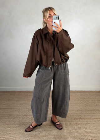 Faux suede bomber jacket - Chocolate-The Style Attic