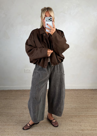 Faux suede bomber jacket - Chocolate-The Style Attic